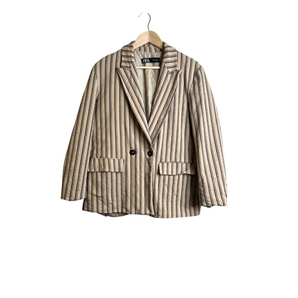 Zara Stripped Blazer Dress Jacket Double Breasted Size M Beige